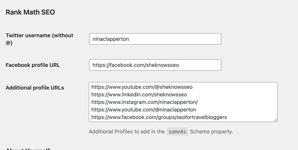 sameas schema social media rankmath seo