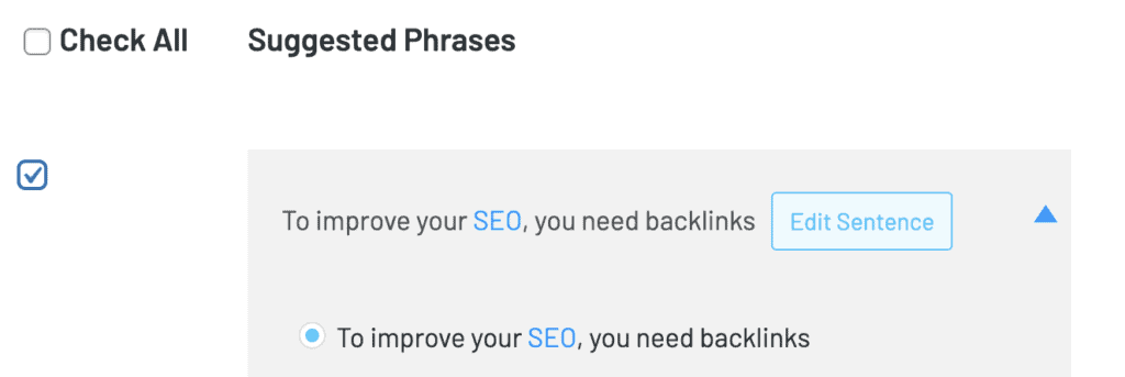 Zoomed in on a suggestion for links and highlighted anchor text with a checkbox checked blue.