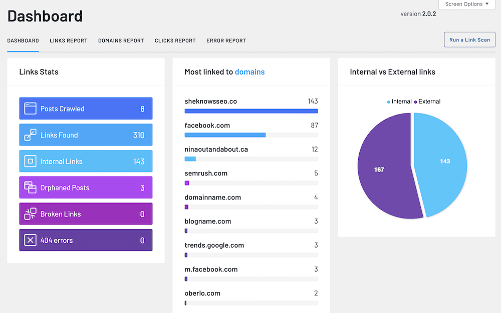 Dashboard of the Link Whisper plug in on She Knows SEO