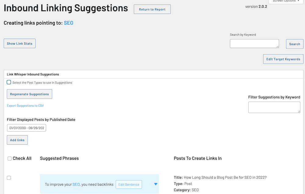 Inbound linking suggestions page on WordPress plug in showing suggested phrases and posts to create links to