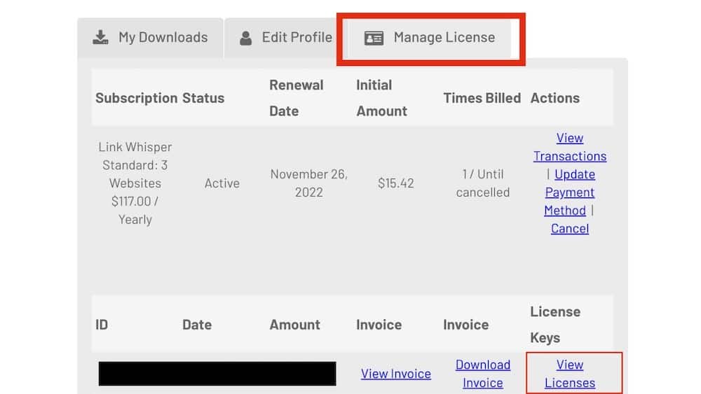 Manage license page on Link Whisper website and area to view licenses highlighted