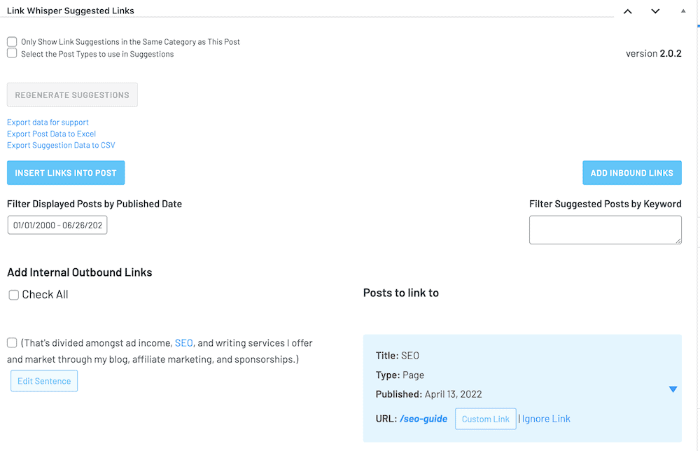 Outbound linking suggestions for a post with highlighted text and suggested posts to link to showing.