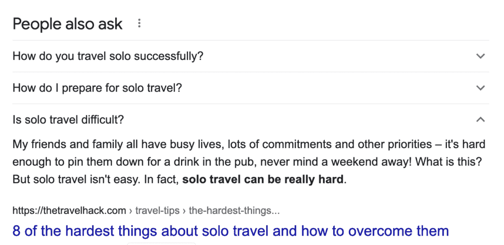 People also ask results for "solo travel" on google