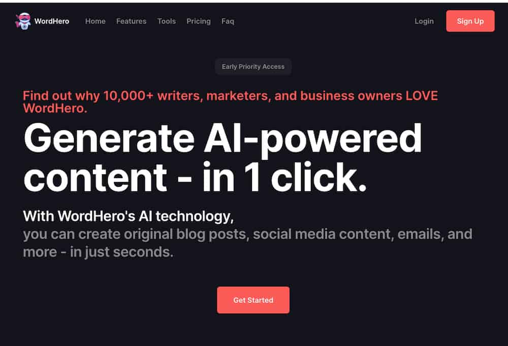 WordHero ai copywriter homepage