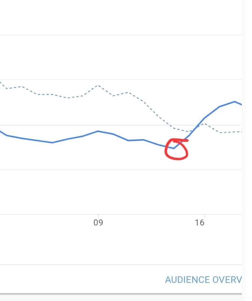 Brodi's Google Analytics showing a red circle around a data point when her traffic massively jumped up. This is the day she removed Ezoic ads from her blog