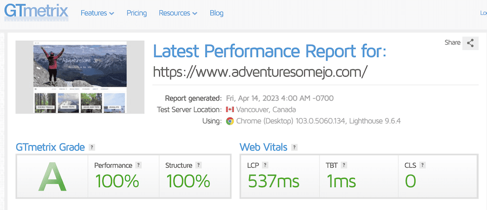 Josanne's GMetrix Report After Leaving Ezoic showing an A 