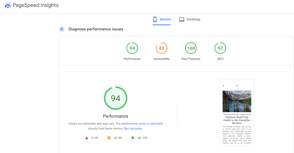 Josanne's PageSpeed Insights Report After Leaving Ezoic showing a 94 score on mobile 