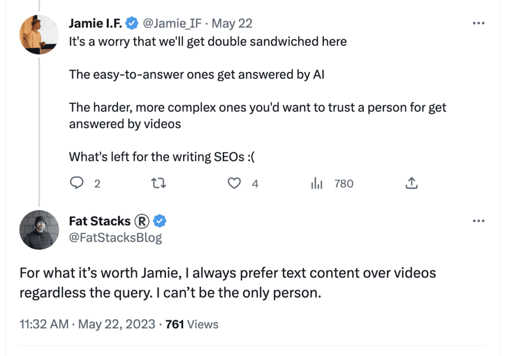 Jaime I.F. and Fat Stacks responding to Mike's thread on Twitter.
It reads:
Jaime = "It's a worry that we'll get double sandwiched here

The easy-to-answer ones get answered by AI

The harder, more complex ones you'd want to trust a person for get answered by videos

What's left for the writing SEOs :("
Fat Stacks: "For what it’s worth Jamie, I always prefer text content over videos regardless the query. I can’t be the only person."