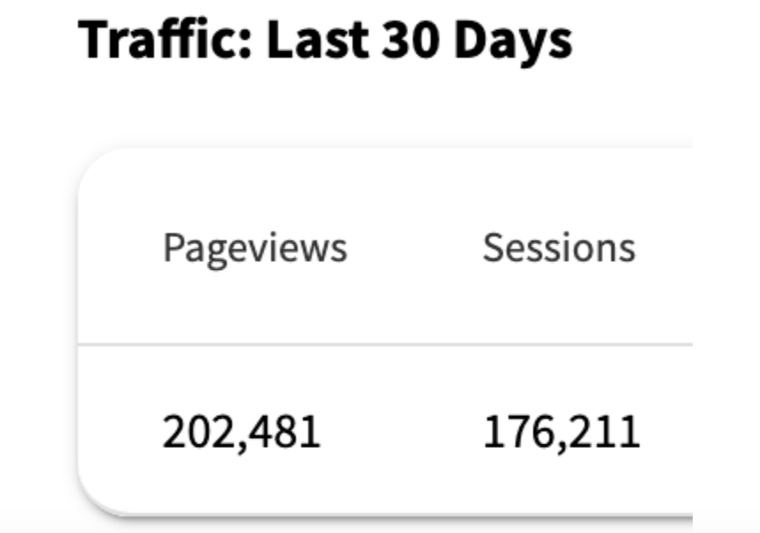 Screenshot of Nina's traffic for the 30 days of June on her main travel site showing 202,481 pageviews and 176,211 sessions 