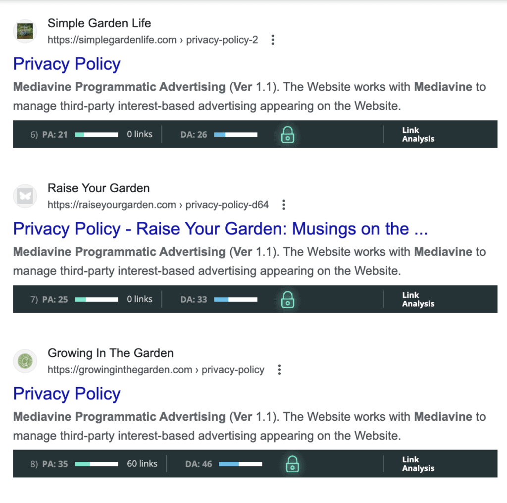 search results with da showing competitor analysis