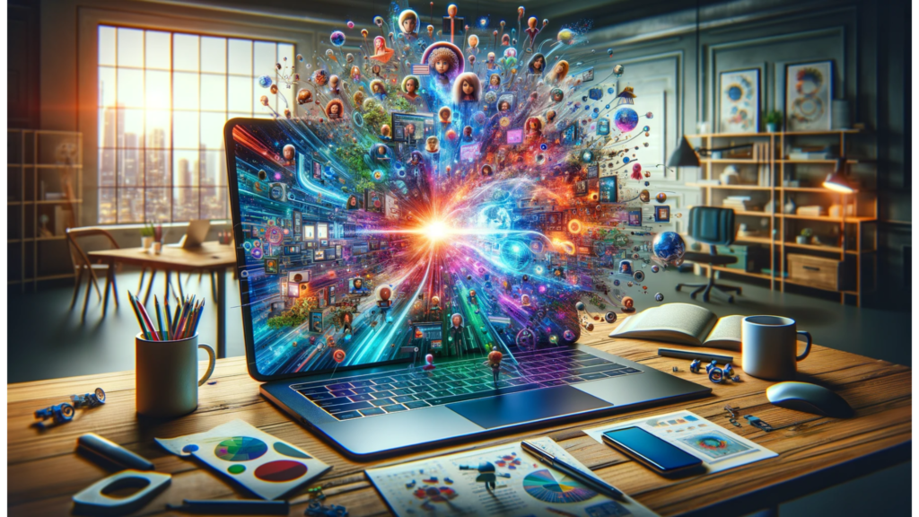 Dynamic image of a laptop on a wooden desk with a vibrant and colorful explosion of digital graphics and icons emanating from the screen, symbolizing the burst of creativity and connectivity in the digital world. The room is warmly lit with a large window overlooking a cityscape, accompanied by traditional workspace elements like a notepad, coffee mug, and art supplies.