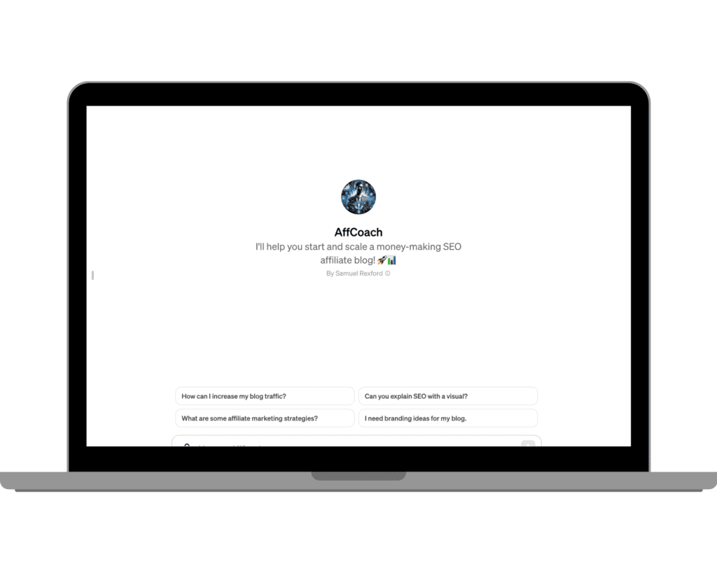 Screenshot of the GPT-themed AffCoach website with a central diamond graphic, offering help to start and scale SEO affiliate blogs, authored by Samuel Rexford.