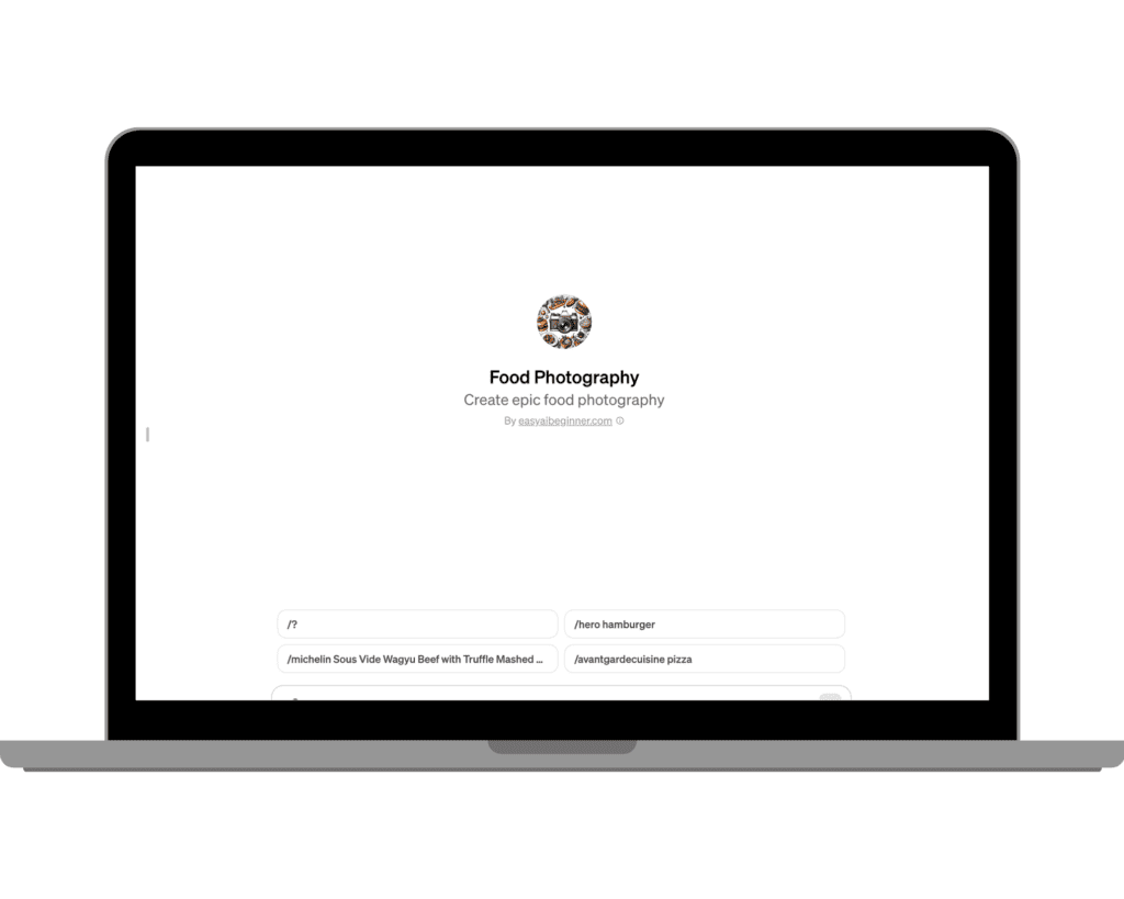 Screenshot of the GPT-themed Food Photography service page, inviting users to create professional food photography, with a sample search bar for food categories.