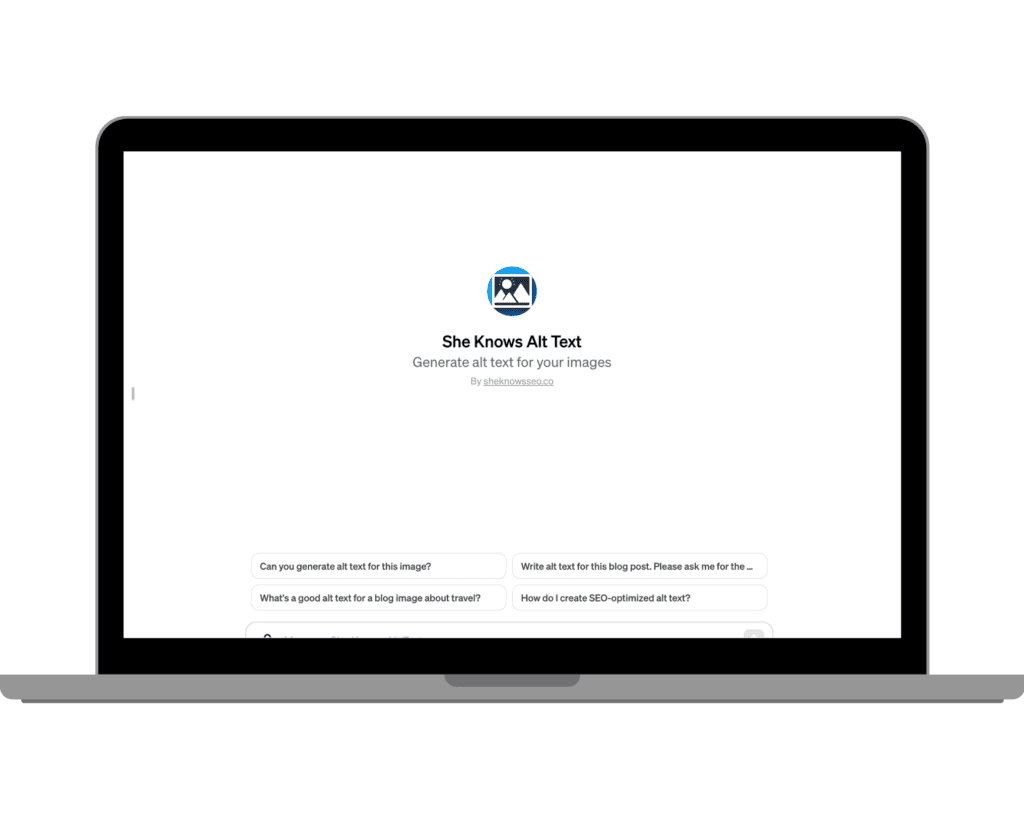 Screenshot of the GPT-themed 'She Knows Alt Text' service, highlighting a feature for generating alt text for images, with a prominent blue logo