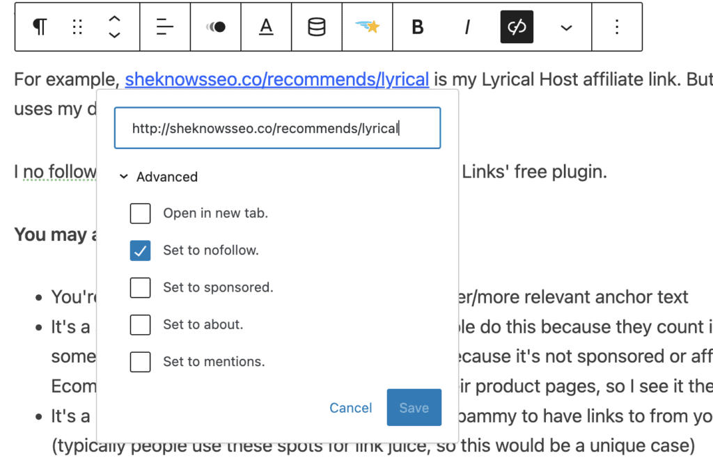 internal link gutenberg no follow