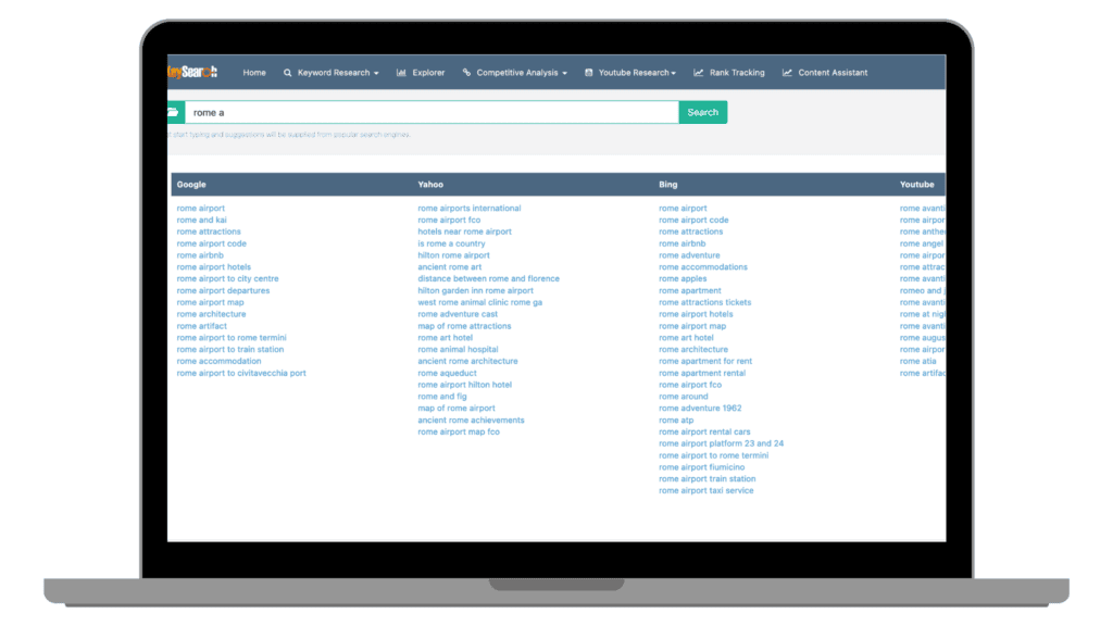 Visualization of Keysearch Brainstorm feature with autocomplete suggestions for 'rome a', valuable for posts on keyword discovery.c