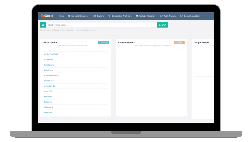 Brainstorm area of Keysearch showing Twitter Trends, Amazon Movers, and Google Trends. 
