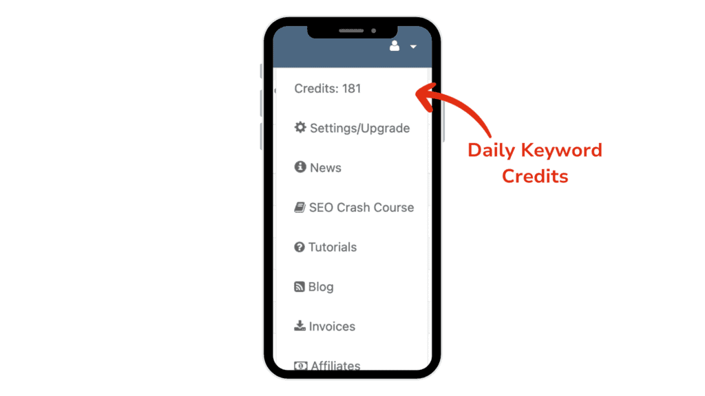 Keysearch mobile interface highlighting daily keyword credits, a detailed element for a review on SEO keyword research tools.