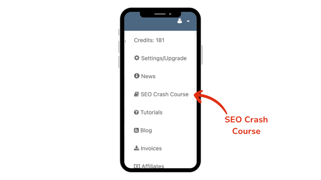 Keysearch mobile app interface highlighting an SEO crash course option, suitable for educational SEO content.