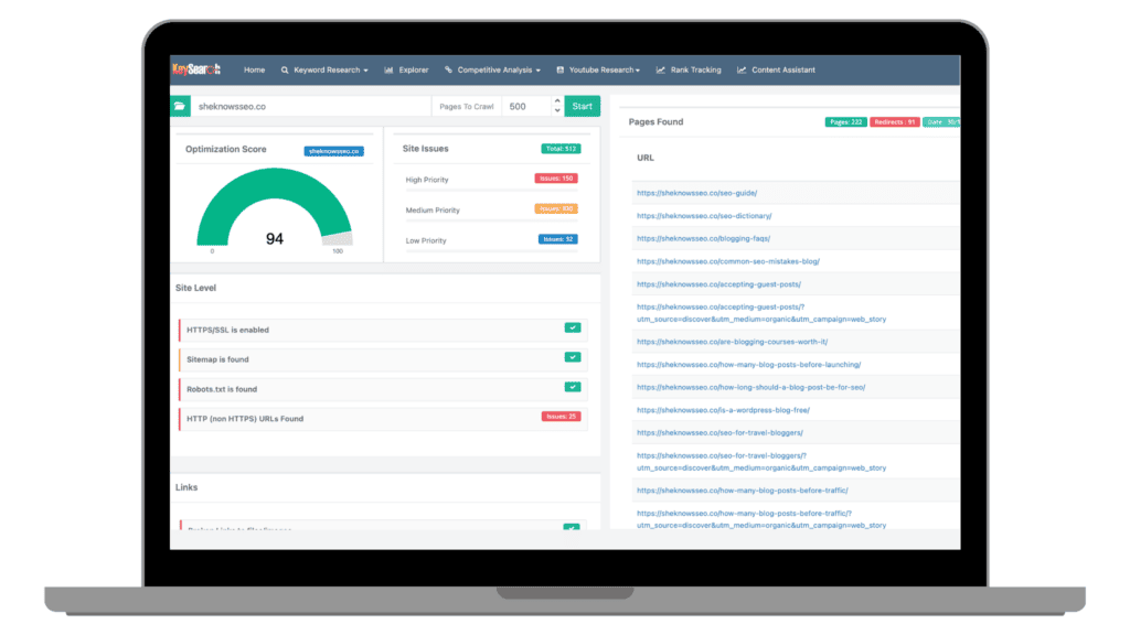 Comprehensive site audit overview in Keysearch indicating optimization score and site issues, vital for SEO health checks.