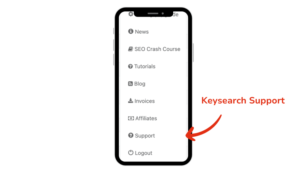 Mobile view of the Keysearch app's menu highlighting the 'Support' option for user assistance, useful for SEO-focused service descriptions.
