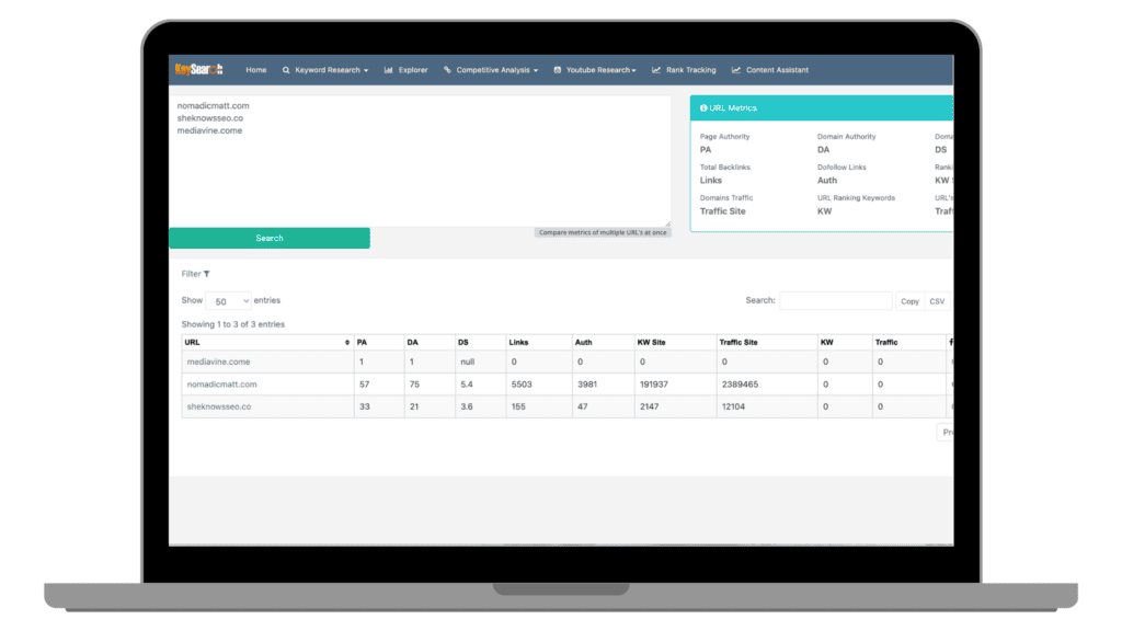 Keysearch analytics dashboard showing URL metrics, page authority, and domain authority for comprehensive SEO monitoring.
