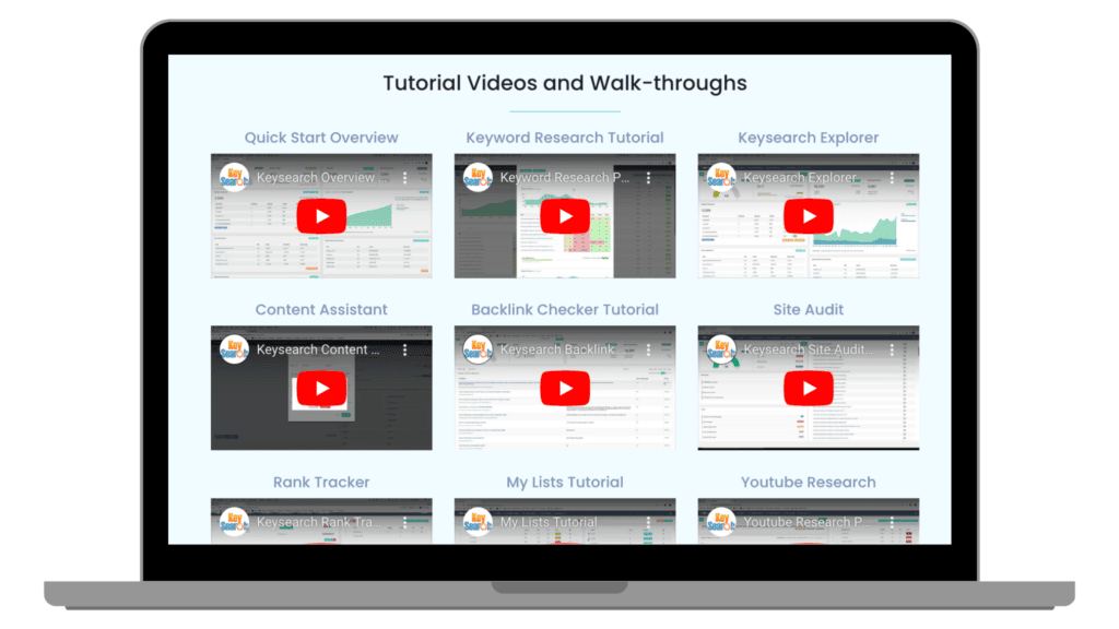 Display of Keysearch tutorial videos and walkthroughs for various SEO tools, ideal for educational content on SEO practices.