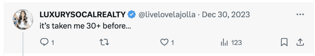 Tweet from @livelovelajolla that says "it's taken me 30+ before..."
