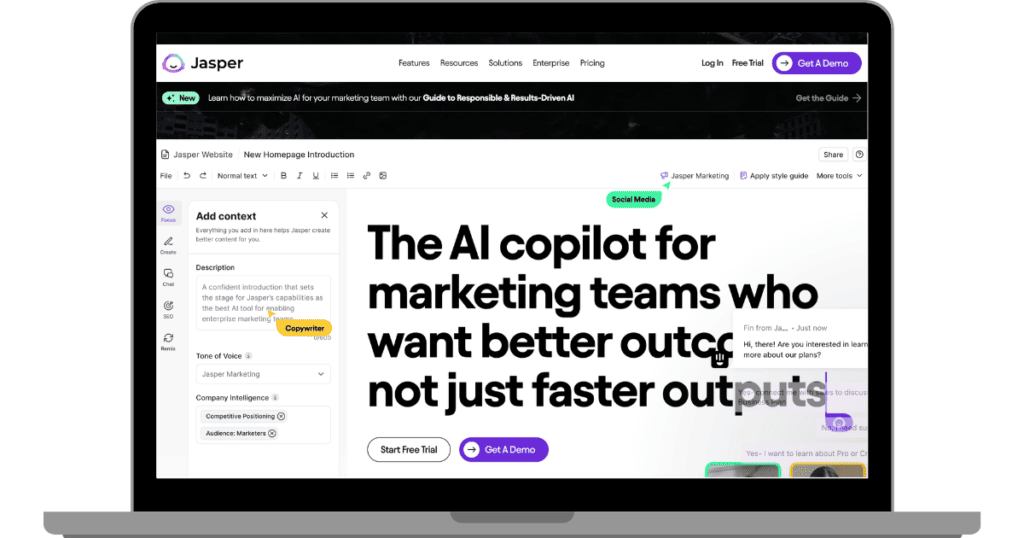 Screenshot of the Jasper AI writer homepage featuring the headline 'The AI copilot for marketing teams who want better outcomes, not just faster outputs', with a call-to-action for a free trial and demo.