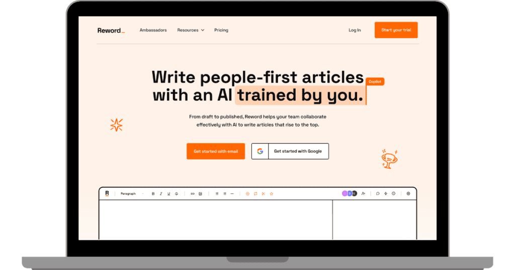 Interface of Reword AI writer on a laptop, promoting 'Write people-first articles with an AI trained by you', aimed at collaborative article creation.