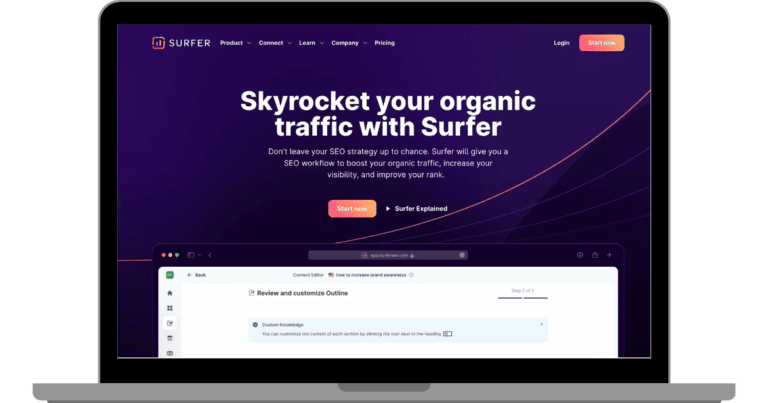 A laptop displaying SurferSEO's AI writer tool with features to 'Skyrocket your organic traffic', indicating an SEO strategy and content improvement workflow.