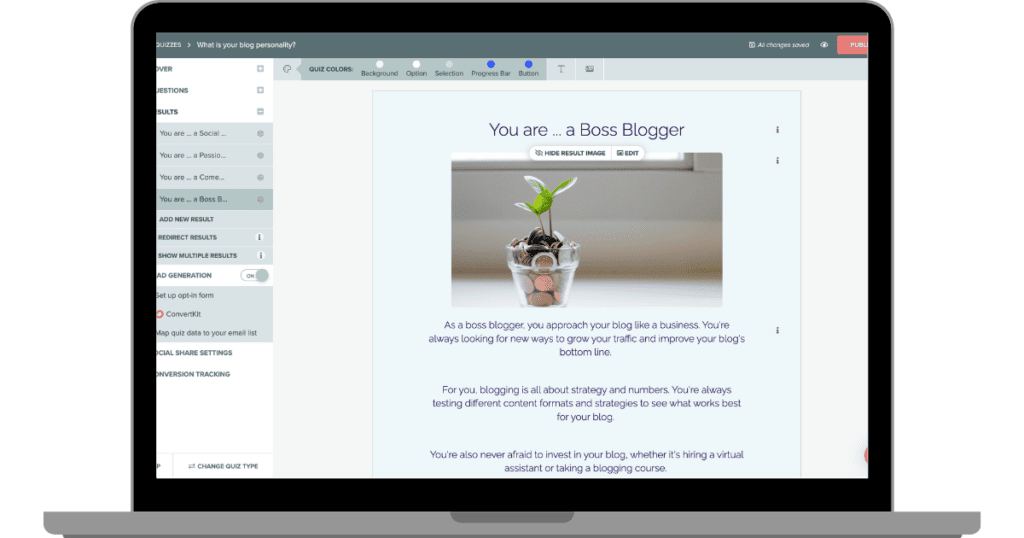 Web interface showing a result page of a quiz titled 'You are ... a Boss Blogger', with a text description and an image of a plant in a cup full of coins.