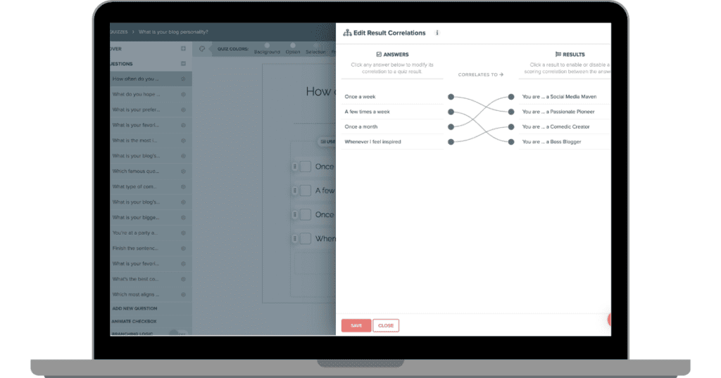 Back-end view of a quiz platform showing the edit result correlations page, where answers can be linked to specific personality types like 'Social Media Maven' or 'Boss Blogger'.