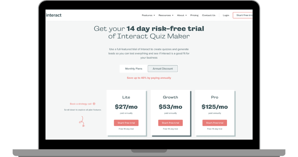 Web page section displaying pricing plans for the Interact Quiz Maker with a 14-day risk-free trial offer, and different monthly subscription rates.