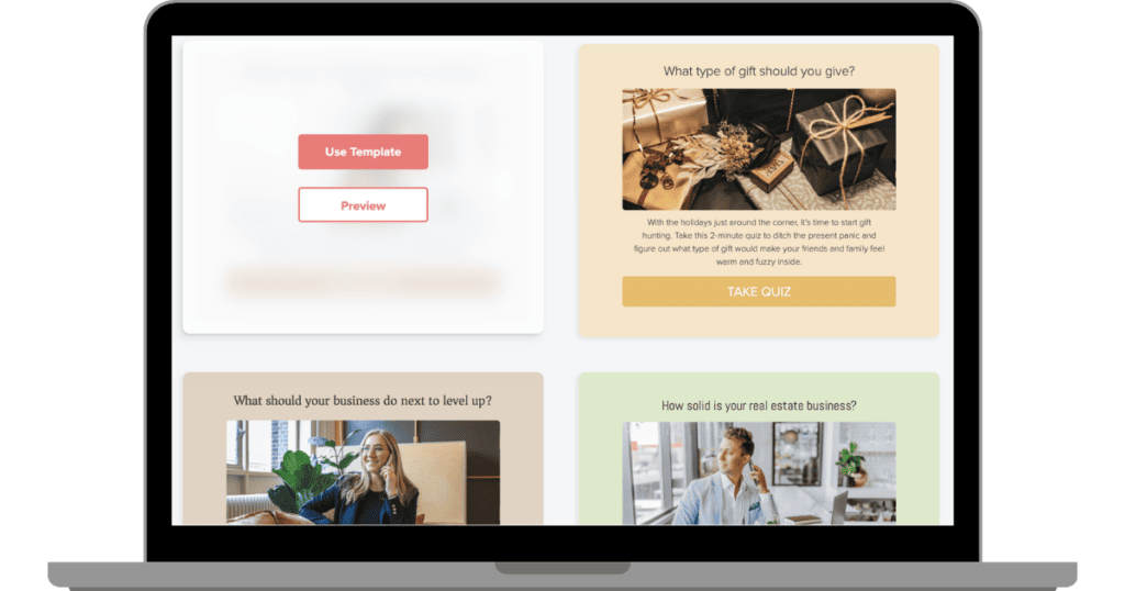 Preview of customizable quiz templates on a digital platform, showcasing different quiz topics such as gifting and business evaluation.