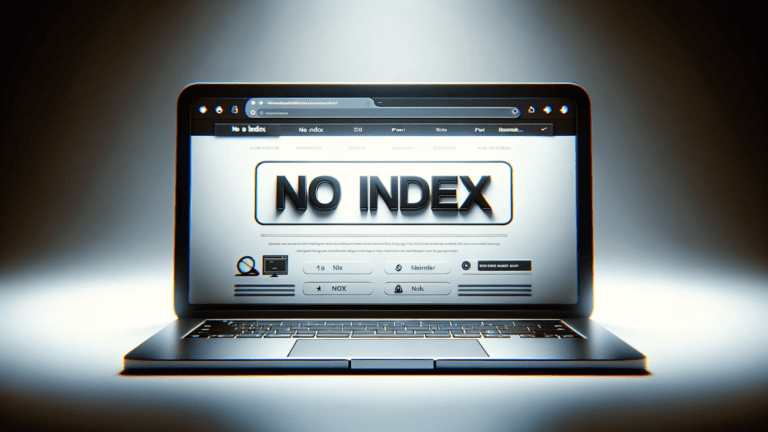 A laptop screen displaying a bold, 3D-rendered message 'NO INDEX' centered on a browser window with a blurred background, symbolizing a web page directive for search engines not to index the page.