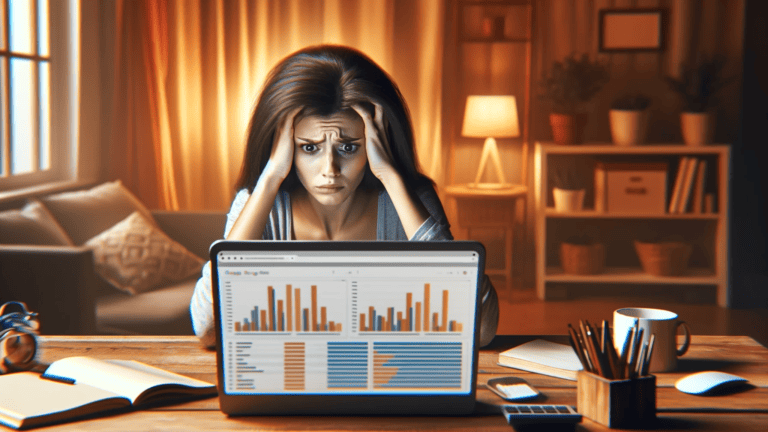 Woman stressed gripping her hair after checking blog analytics on her laptop.
