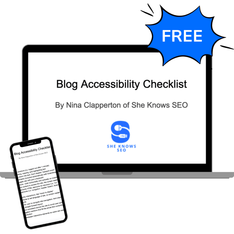 Blog Accessibility Checklist mock up on a laptop with a burst that says "Free" on the top corner.
