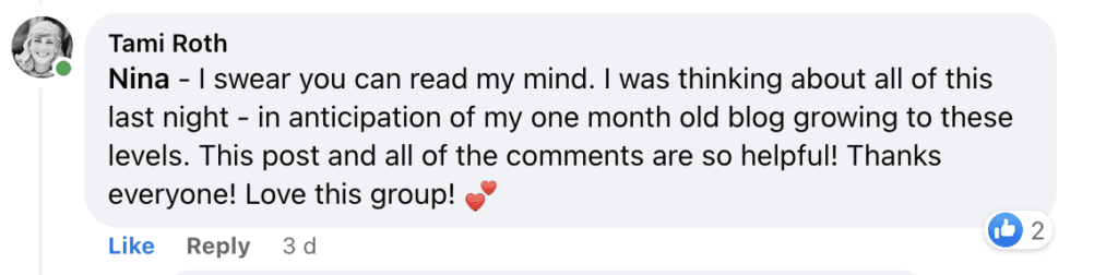 "Tami Roth
Nina - I swear you can read my mind. I was thinking about all of this last night - in anticipation of my one month old blog growing to these levels. This post and all of the comments are so helpful! Thanks everyone! Love this group! (heart emoji)"