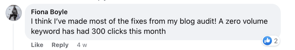 "Fiona Boyle
I think l've made most of the fixes from my blog audit! A zero volume keyword has had 300 clicks this month"