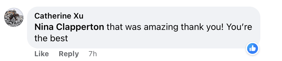 "Catherine Xu
Nina Clapperton that was amazing thank you! You're the best"
