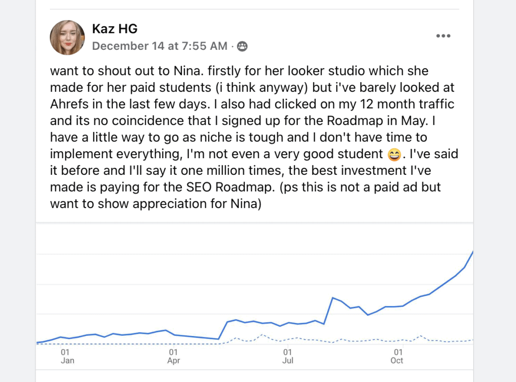 "want to shout out to Nina. firstly for her looker studio which she made for her paid students (i think anyway) but i've barely looked at Ahrefs in the last few days. I also had clicked on my 12 month traffic and its no coincidence that I signed up for the Roadmap in May. I have a little way to go as niche is tough and I don't have time to implement everything, l'm not even a very good student ©. l've said it before and I'll say it one million times, the best investment I've made is paying for the SEO Roadmap. (ps this is not a paid ad but want to show appreciation for Nina)
there's an attached line graph from the time frame from January to October, with a sharp increase of traffic starting in July"