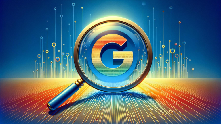 G inside of a magnifying glass on a background of orange lines on a blue background. Representing the March Google updates.