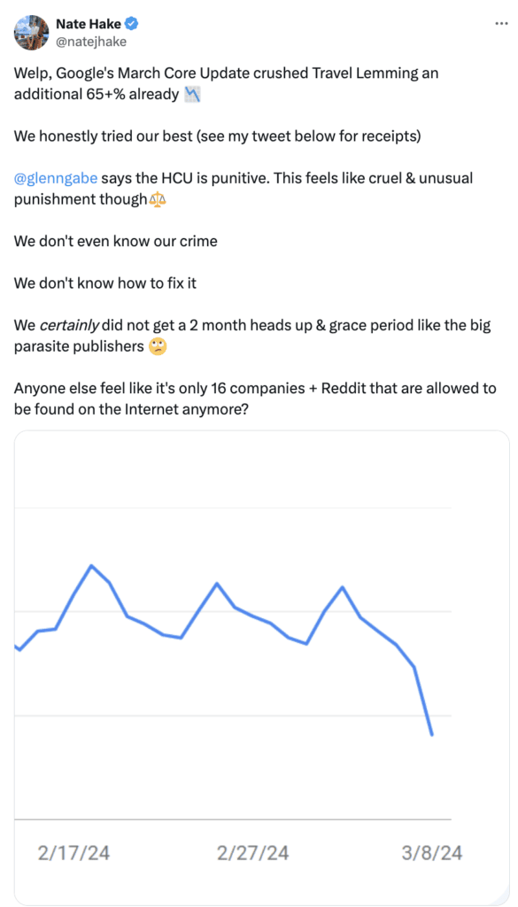 Nate Hake, the owner of Travel Lemming, shared a screenshot of the site's Google Search Console clicks from February 17th to March 8th showing a steep decline in traffic since March 5th, with over 65% of the organic traffic lost. The tweet says "Welp, Google's March Core Update crushed Travel Lemming an additional 65+% already 📉

We honestly tried our best (see my tweet below for receipts)

@glenngabe
 says the HCU is punitive. This feels like cruel & unusual punishment though⚖️

We don't even know our crime

We don't know how to fix it

We certainly did not get a 2 month heads up & grace period like the big parasite publishers 🙄

Anyone else feel like it's only 16 companies + Reddit that are allowed to be found on the Internet anymore?" Note that Nate is tagging a prominent SEO named Glenn Gabe who has been pro-March update. 