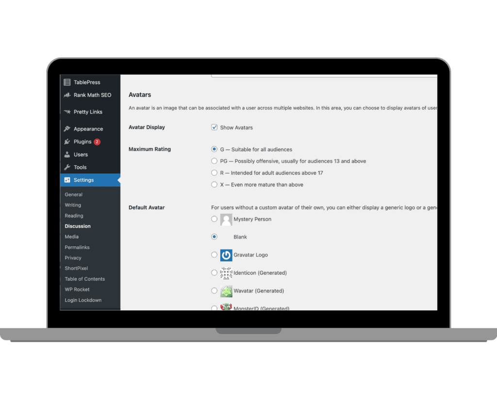WordPress Settings page under 'Discussion' showing Gravatar options, where the 'Gravatar Logo' is selected as the default avatar image.