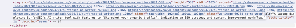 Alt text highlighted via "alt="A laptop displaying SurferSEO's AI writer tool with features to "Skyrocket your organic traffic", indicating an SEO strategy and content improvement workflow" in the code from the previous image that is the code from a She Knows SEO blog post image. 