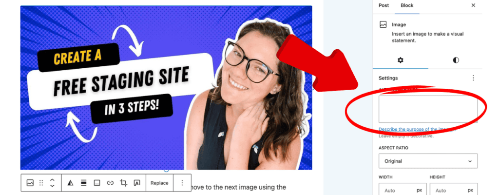 Screenshot of a blog post editor in WordPress with a large image on the left side of the screen and a red arrow and circle highlighting the right side bar section for "alternative text" that is currently blank as the author writes the post. 