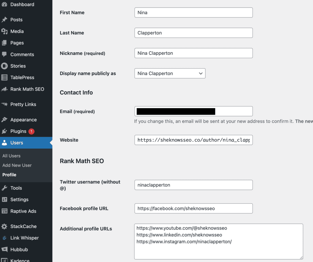 Screenshot of the Users area on a single user profile for Nina Clapperton showing the First Name (Nina), Last Name (Clapperton), Nickname (Nina Clapperton), and Display Name (Nina Clapperton), along with the website URL for the Author Archive page. It then shows "Rank Math SEO" with Twitter, Facebook, and additional "same as" schema sections. This is where you fill in information on the author. 