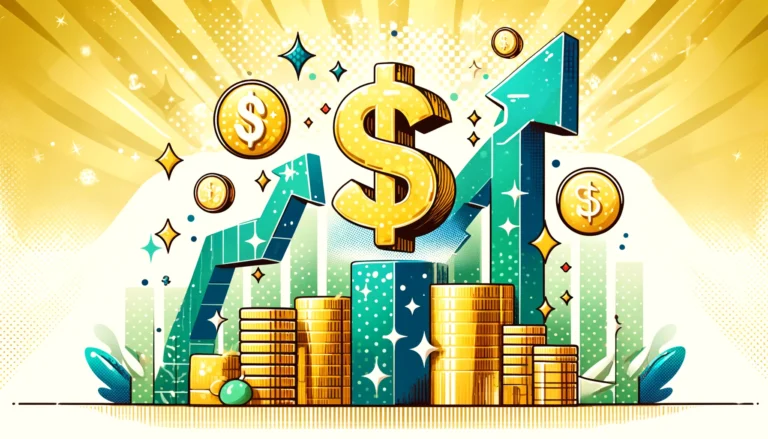 A visually captivating, horizontal cartoon-style image designed for a blog post about tracking and growing monetary income. The image should feature an abstract representation of increasing income without any human figures. Include a large, golden dollar sign ($) as the central element, surrounded by ascending stacks of coins and bills to symbolize growth. The background should be bright and appealing, with elements like upward arrows and sparkles to enhance the sense of prosperity and success. The color palette should include gold, green, and blue to suggest wealth and optimism.