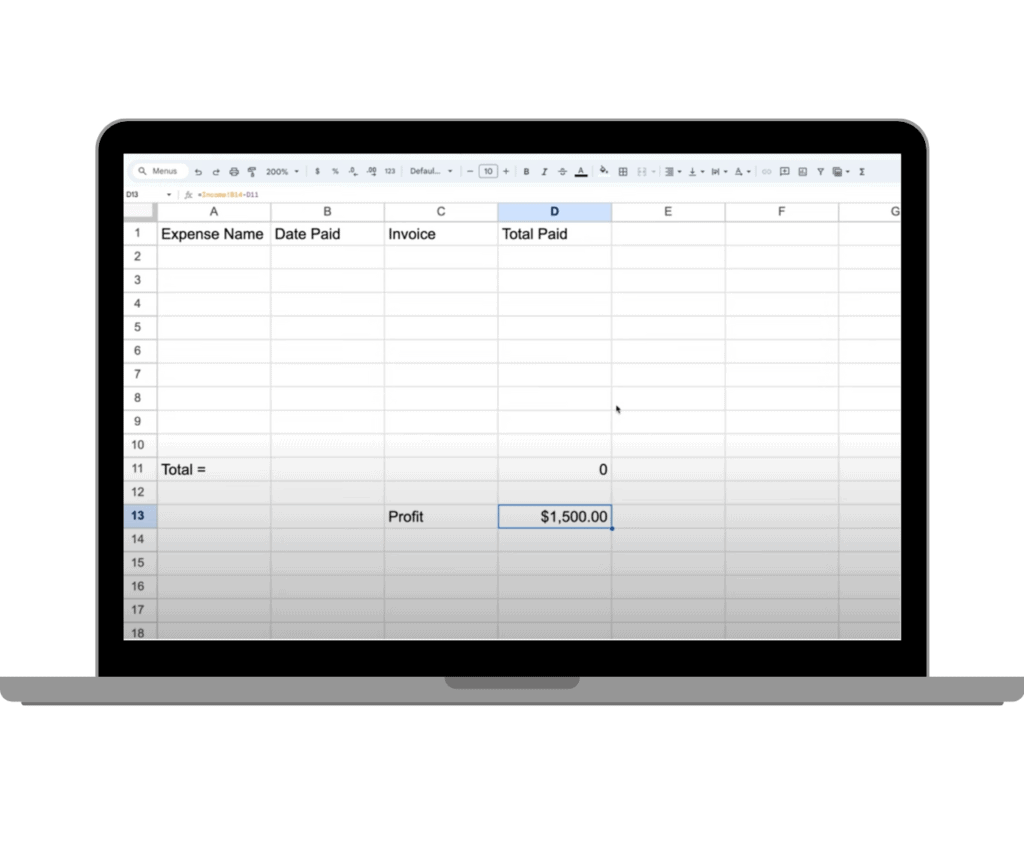 Screenshot of a Google Sheet on a laptop screen detailing a blog's total expenses with fields for expense name, date paid, and invoice, showcasing a profit calculation of $1,500.